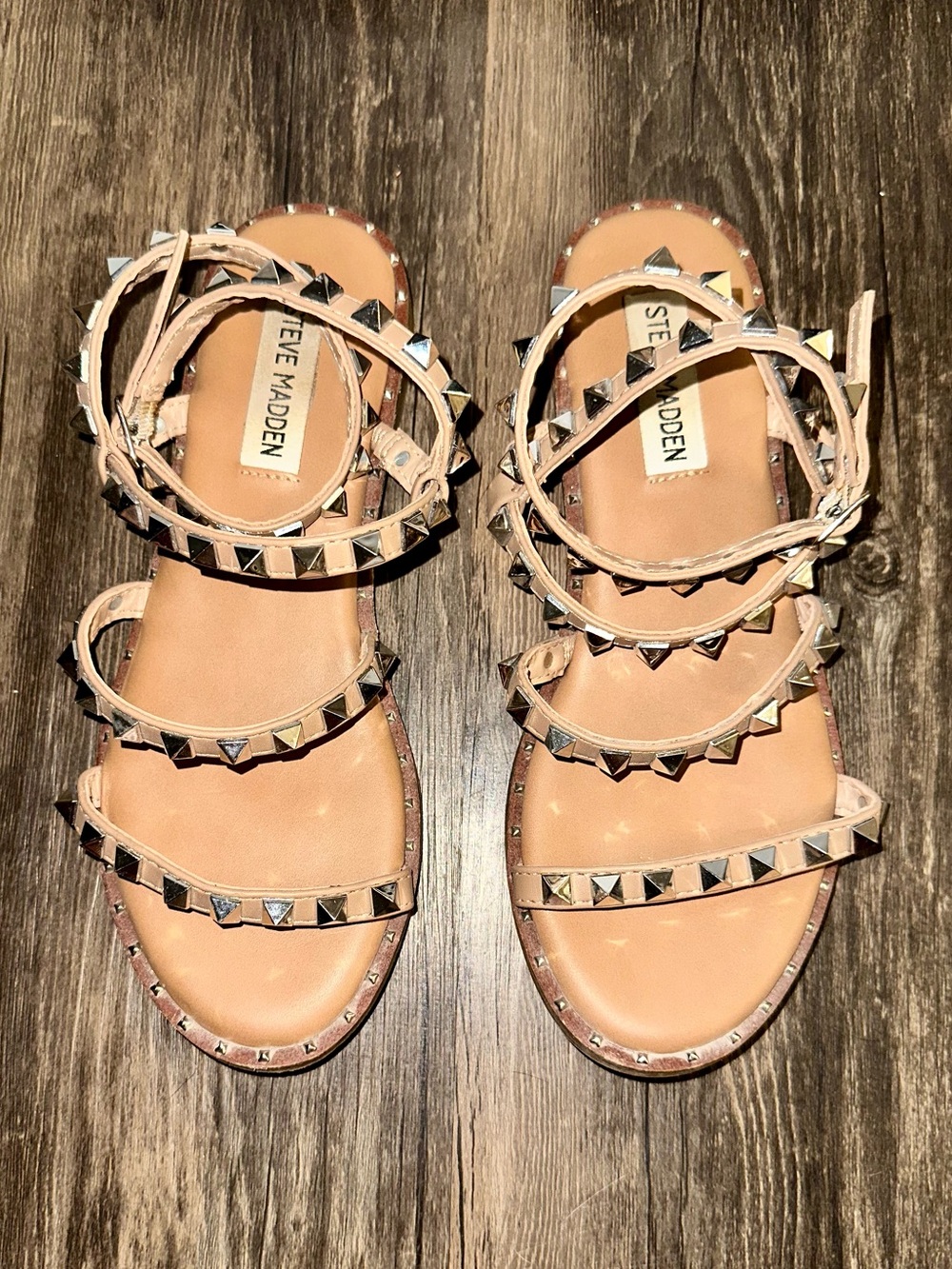 Steve Madden Beige Studded Strappy Flat Sandals